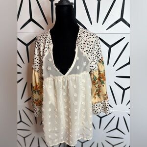 Boho Bell Sleeve Blouse Small Floral Polka Dot & Cream Mixed Print